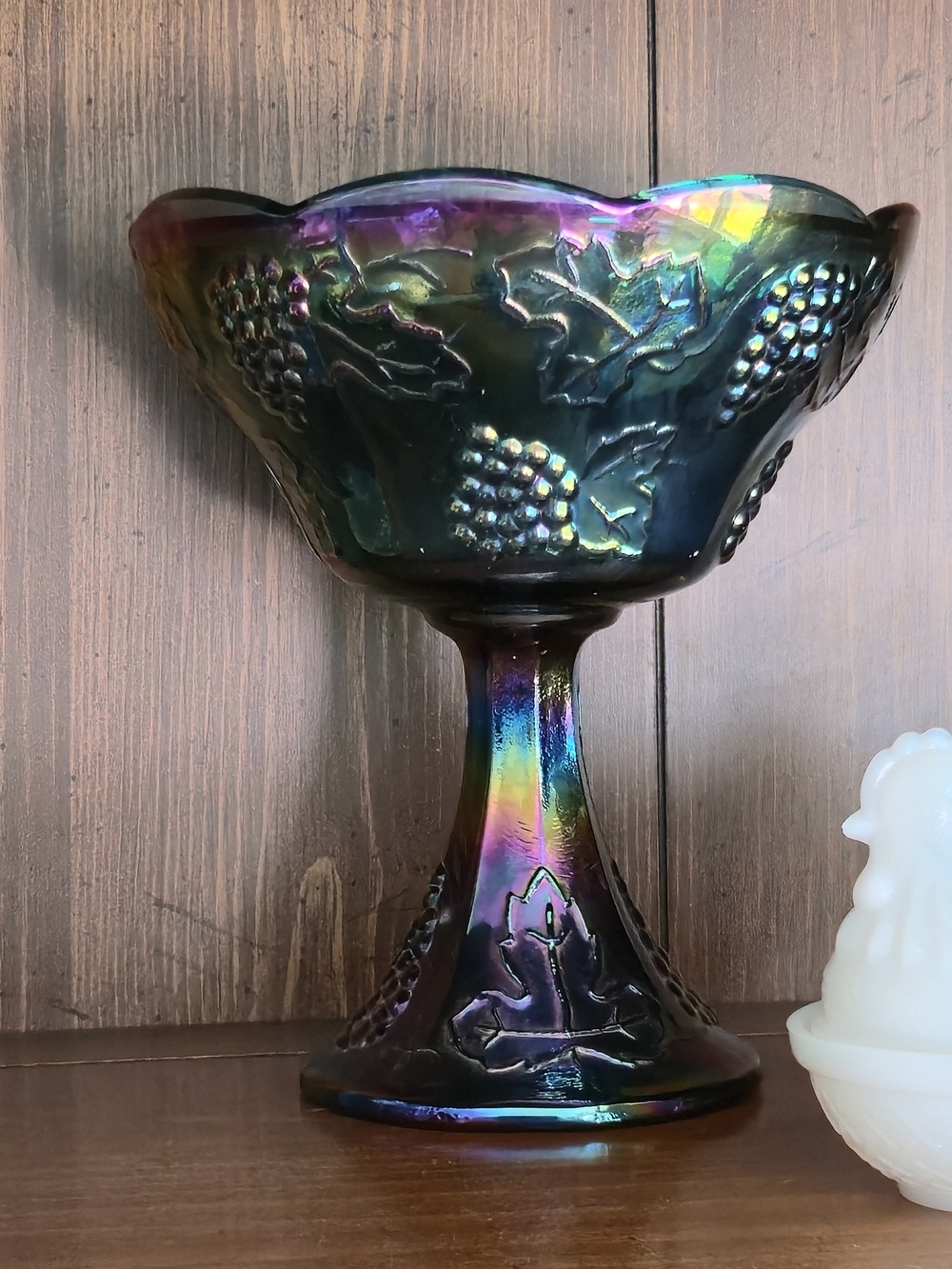 Vintage Indiana Glass Harvest Grape Pedestal Candy Dish - Blue